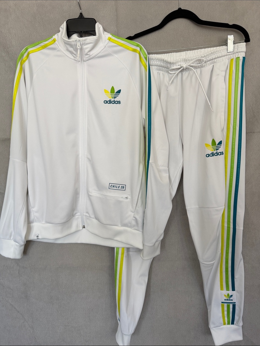 💥LIKE NEW adidas White Track Jacket and Pants with Neon Yellow & Teal Stripes
